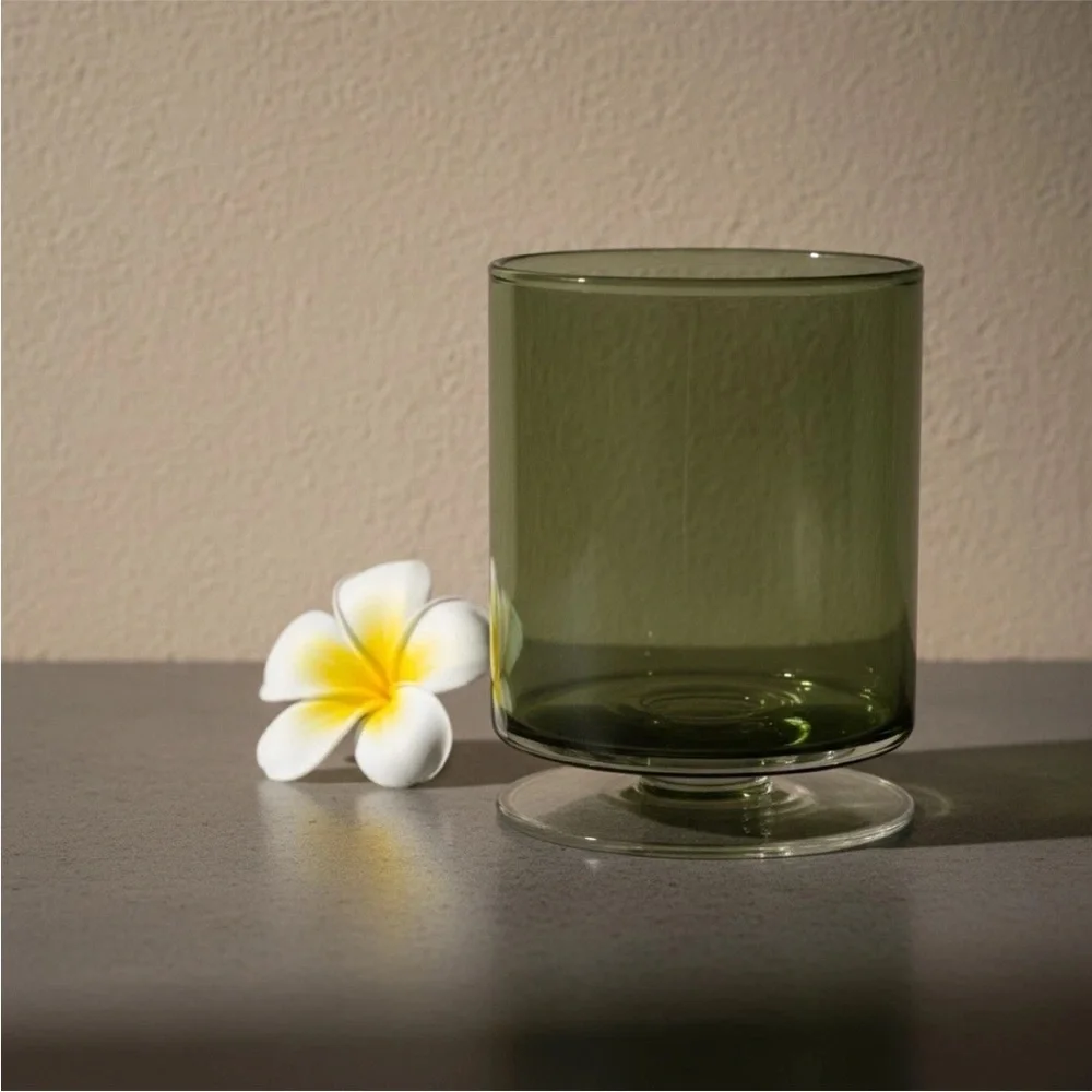 Crate&Barrel London Mini Hurricane Candle Holder Olive Green Glass Pedestal 5.5T - Picture 3 of 13